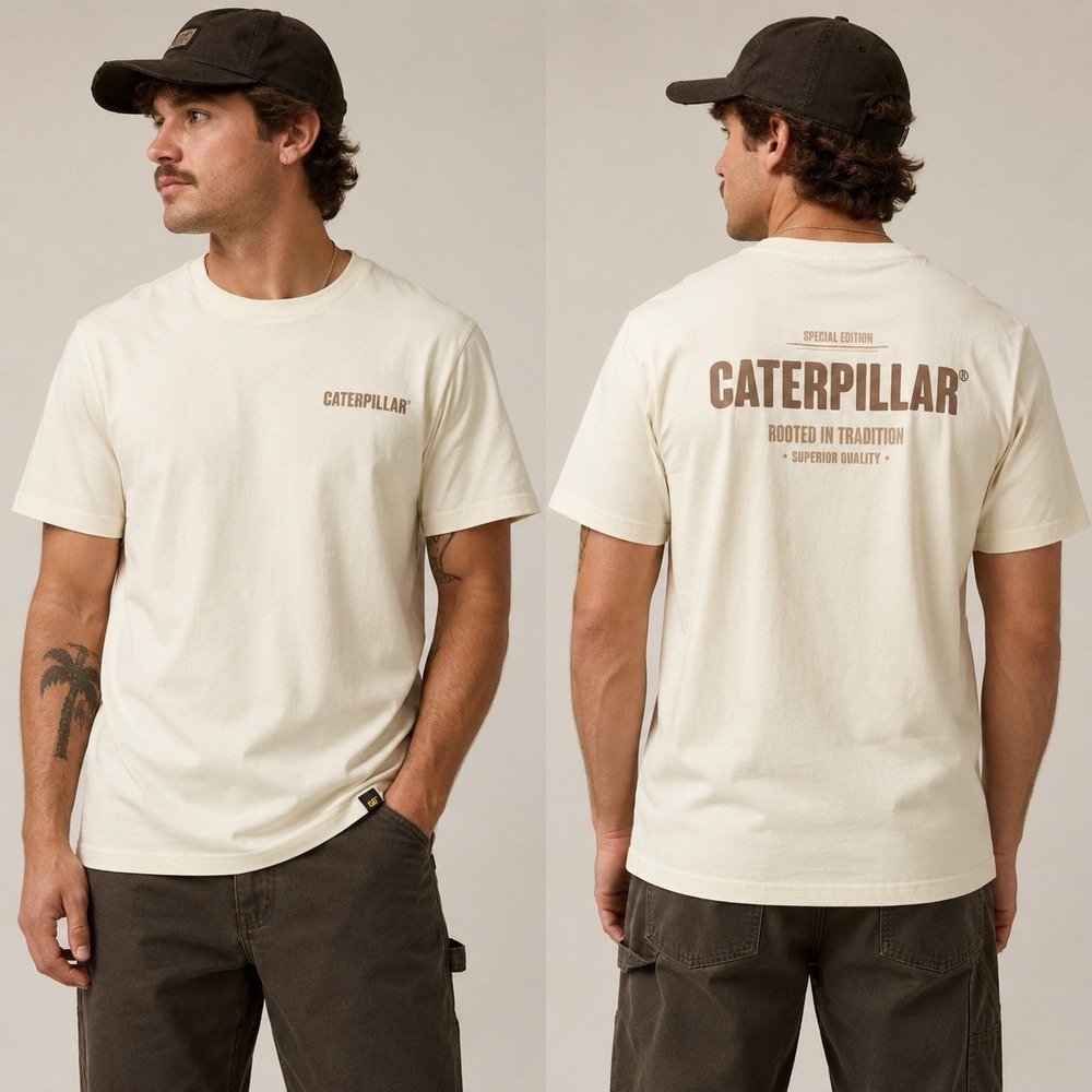 Caterpillar CAT Graphic Logo T-Shirt Beige Rooted In Tradition Workwear NWT M